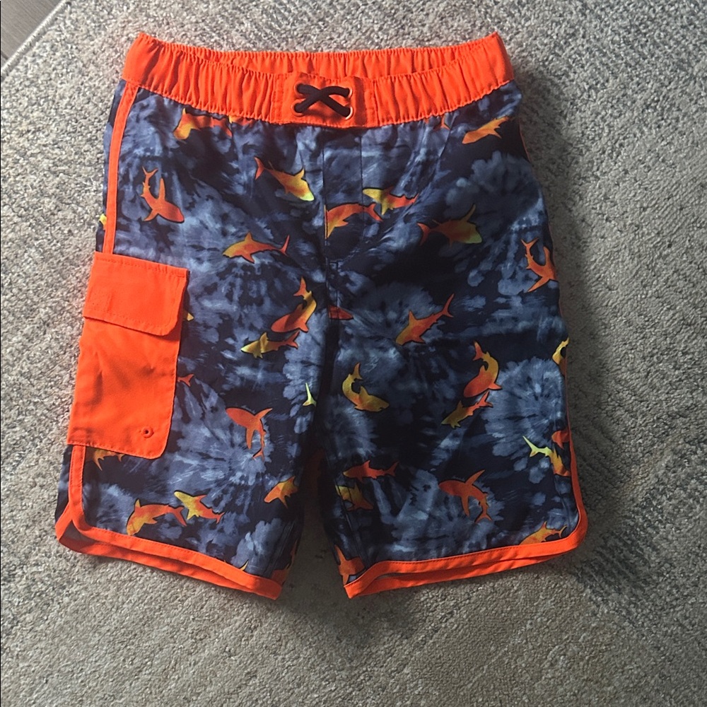 🆕 Lands' End Kids Swim Trunks - Orange and Blue with Shark Pattern